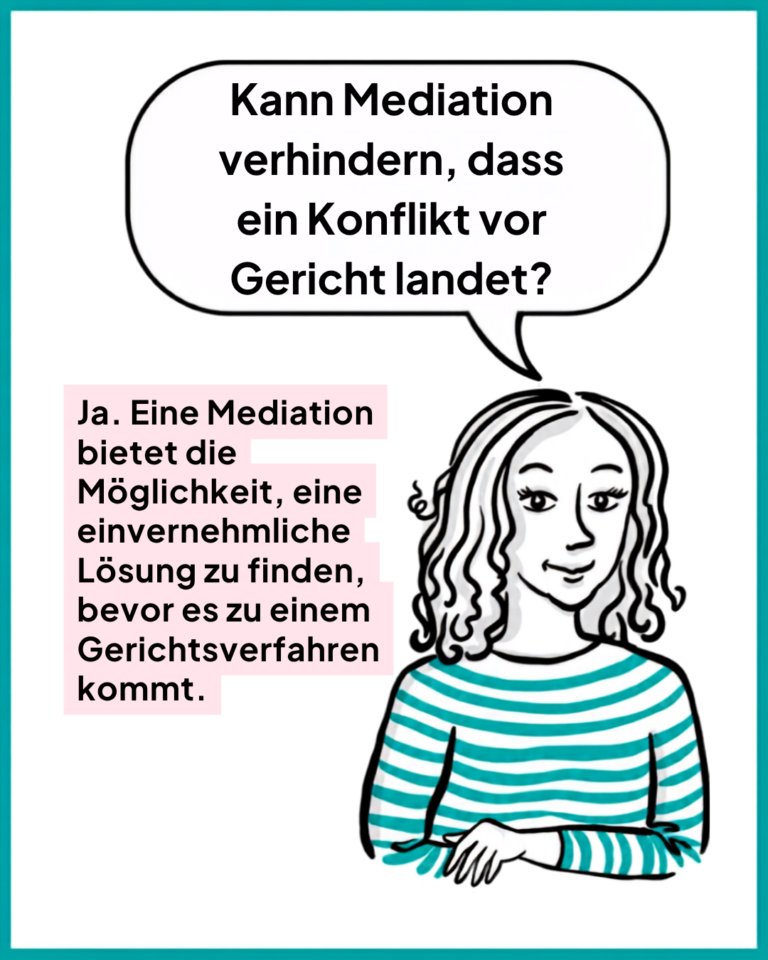 Eine Frau Fragt: Kann Mediation verhindern, dass ein Konflikt vor Gericht landet? Die Antwort der Frauenzentrale Luzern: Ja. Eine Mediation bietet die Möglichkeit, eine einvernehmliche Lösung zu finden, bevor es zu einem Gerichtsverfahren kommt.